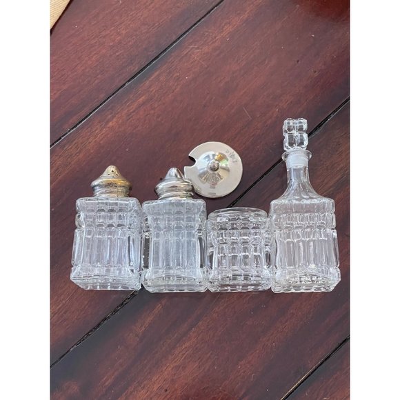 Glass Condiment Set Vintage Holder Pressed Glass Table - Picture 3 of 10